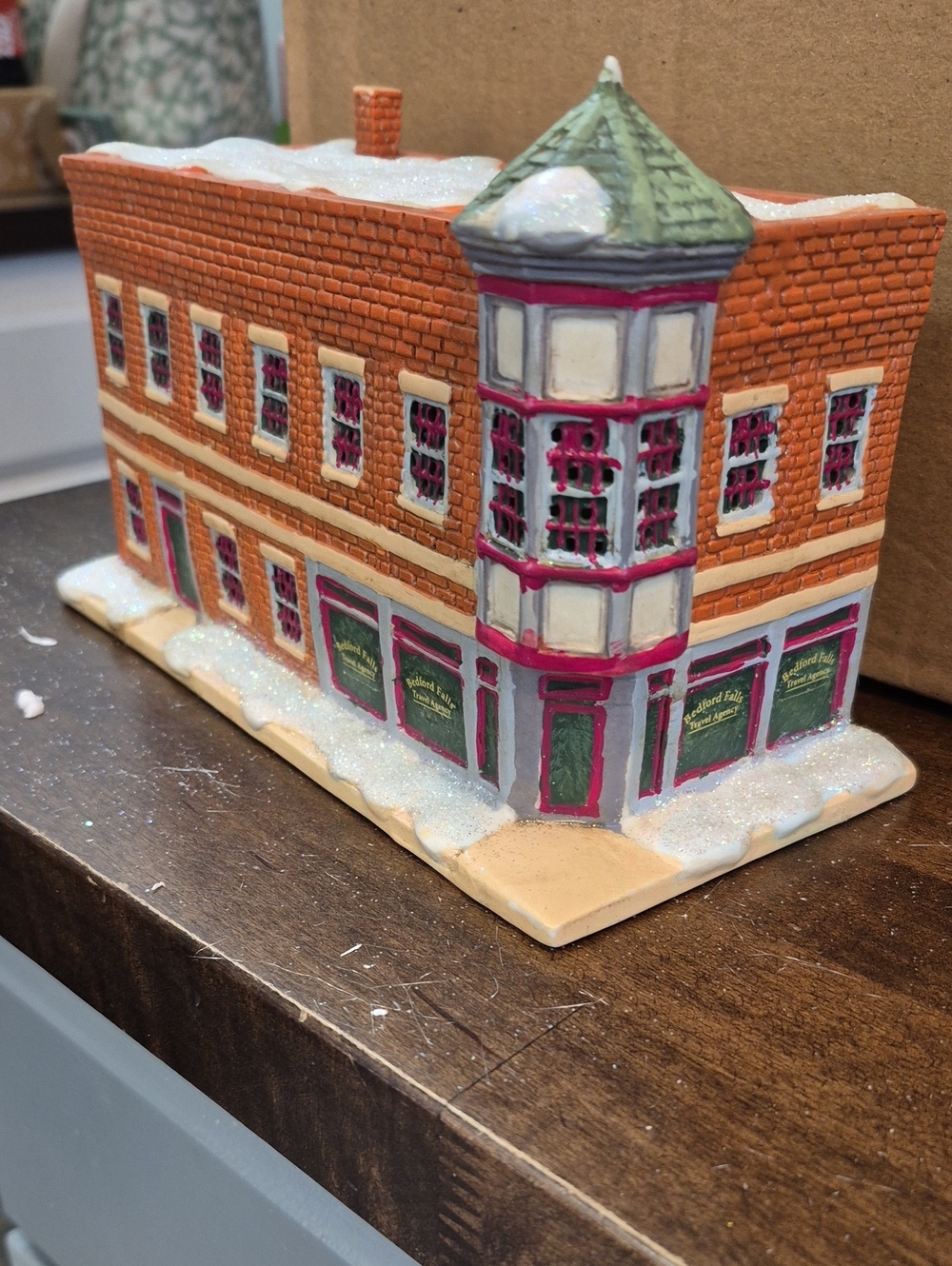 Enesco Hand-Painted Brick Shop Building in Orange, Pink, Green, Cream